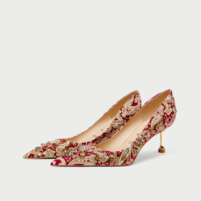 2025 New Style Red Bridal Shoes Chinese Wedding Shoes Studded High Heels for Wedding Toast