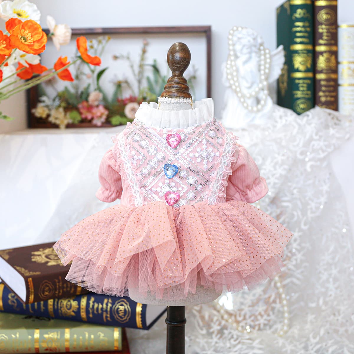 PETCIRCLE Pet Circle Dog Cat Clothing Puffy Tulle Skirt Chest Back Lace Dress Starry Wedding Gown