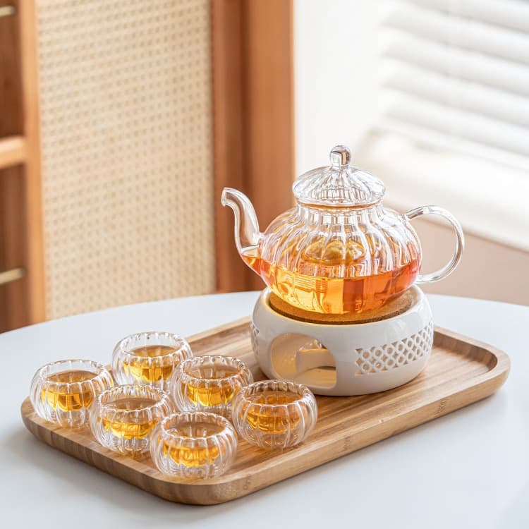 Heat-Resistant Glass Floral Tea Pot with Candle Warmer Base, Wellness Brewing Pot for Home Afternoon Tea Set