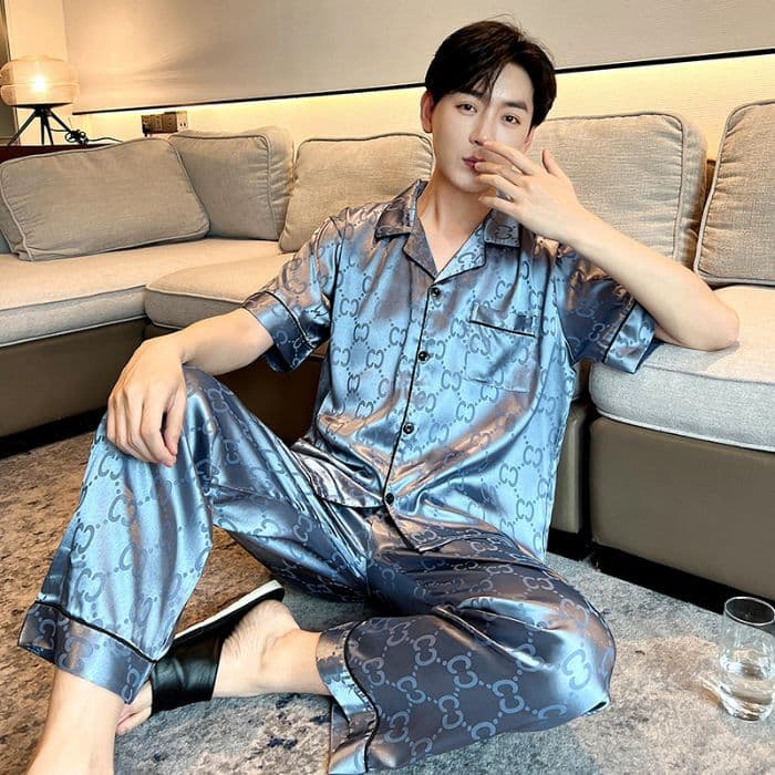 Men's Summer Pajama Short Sleeve Shorts Thin Ice Silk Sleepwear Set for Home Wear