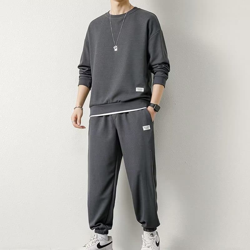 Men's Pants Spring/Autumn Casual Warm Waffle Knit Long Pants Korean Style Solid Color Trendy Versatile Drawstring Cuffed Pants Set