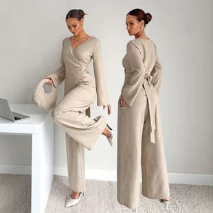 2026 Fall/Winter New Fashion Elegant French V-Neck Tie Top Wide-Leg Pants Set Women