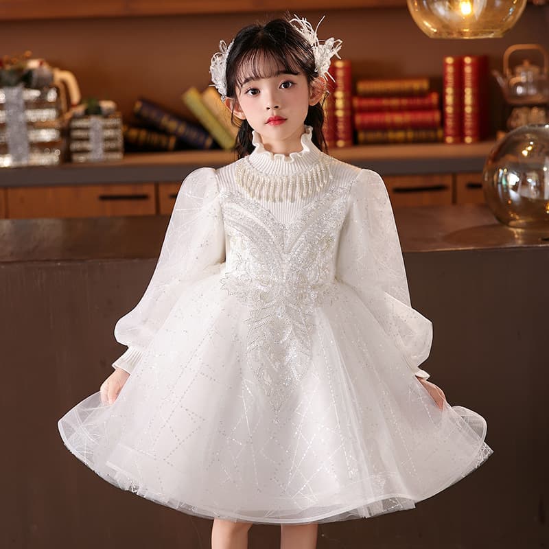 Children's Princess Dress, Thickened Autumn/Winter Girls' Birthday Flower Girl Wedding Host Little Girl Piano Performance Outfit
