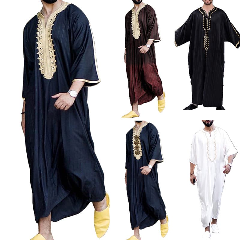Summer Men Loose V-neck Short Sleeve Middle East Printed Clothes Al-arab Long Pants Casual Urban Style