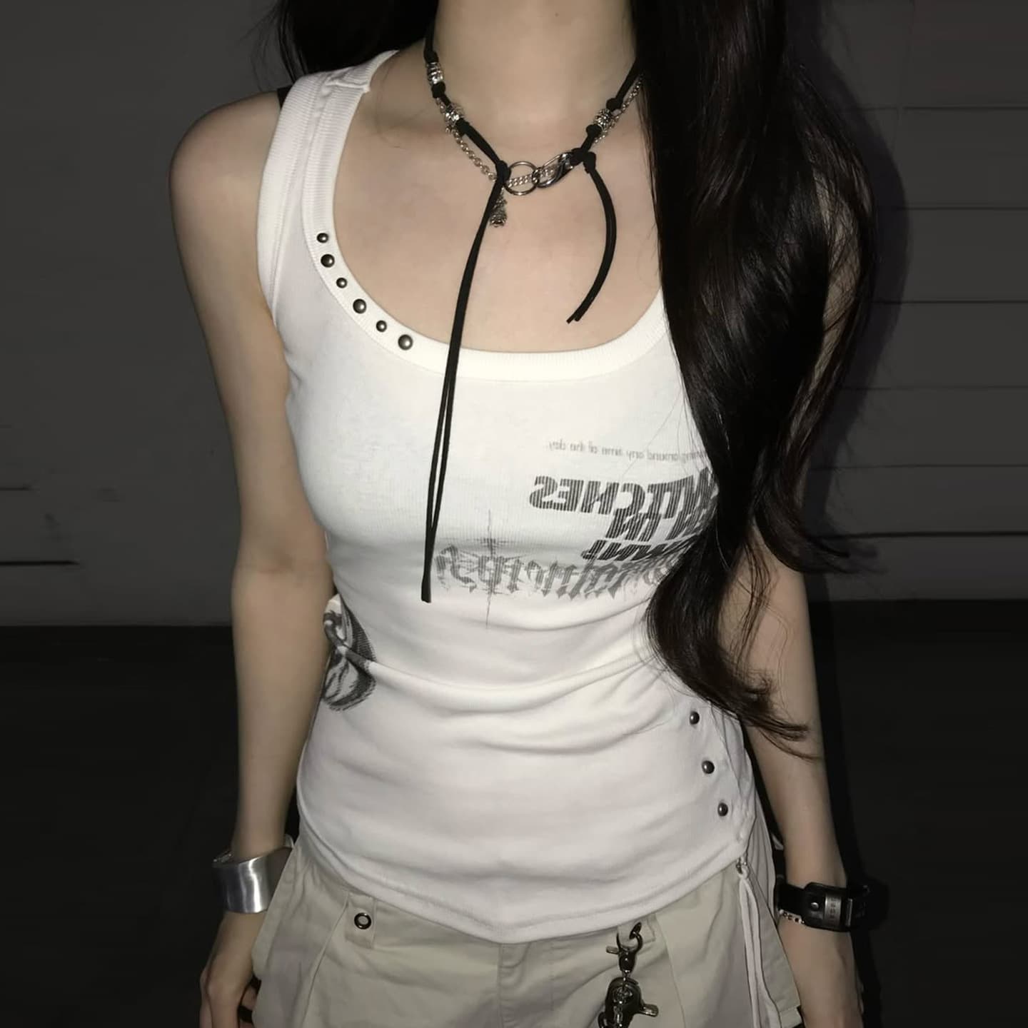 American punk rock inner vest, hot rivet print, slim fit, round neck, sleeveless top for women, summer