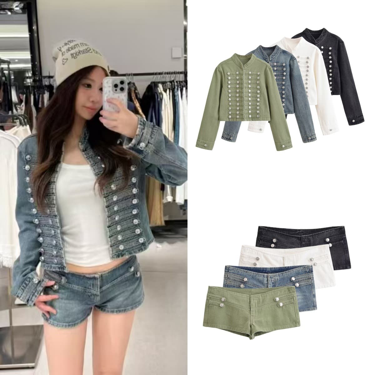 European and American Women's 2026 Fall Retro Court Style Stand Collar Double-Breasted Metal Button Denim Jacket and Shorts Two-Piece Set