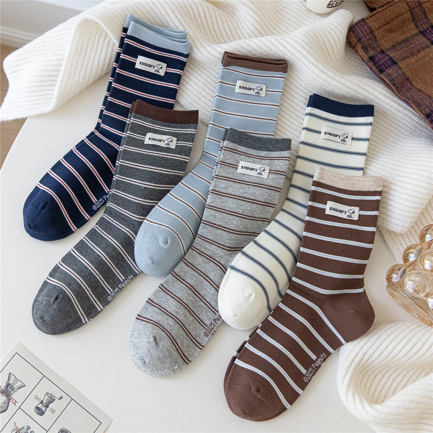Caramella & Snoopy Collaboration Women's Socks, Ribbed Cuff Label Contrast Color Mid-Calf Socks, Preppy Striped Cotton Socks