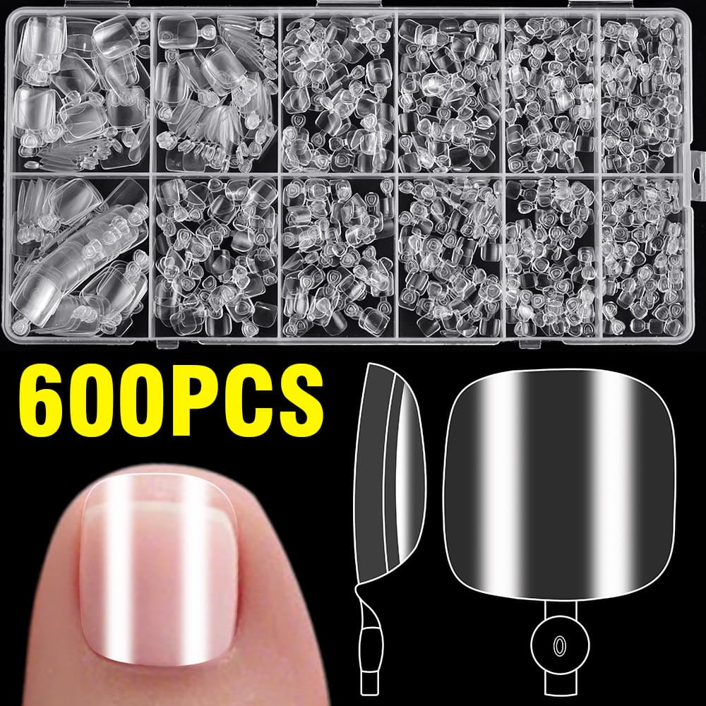 Cross-border Large Capacity 600 Pieces Toe Nail Wearing Tips Square Short Transparent Toe Nail Stickers Ultra-thin Invisible DIY Toe Nail Tips