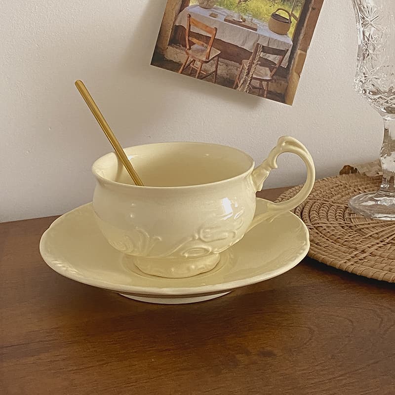 Tulip Embossed Coffee Cup and Saucer Set Ceramic Cup Feminine European Style