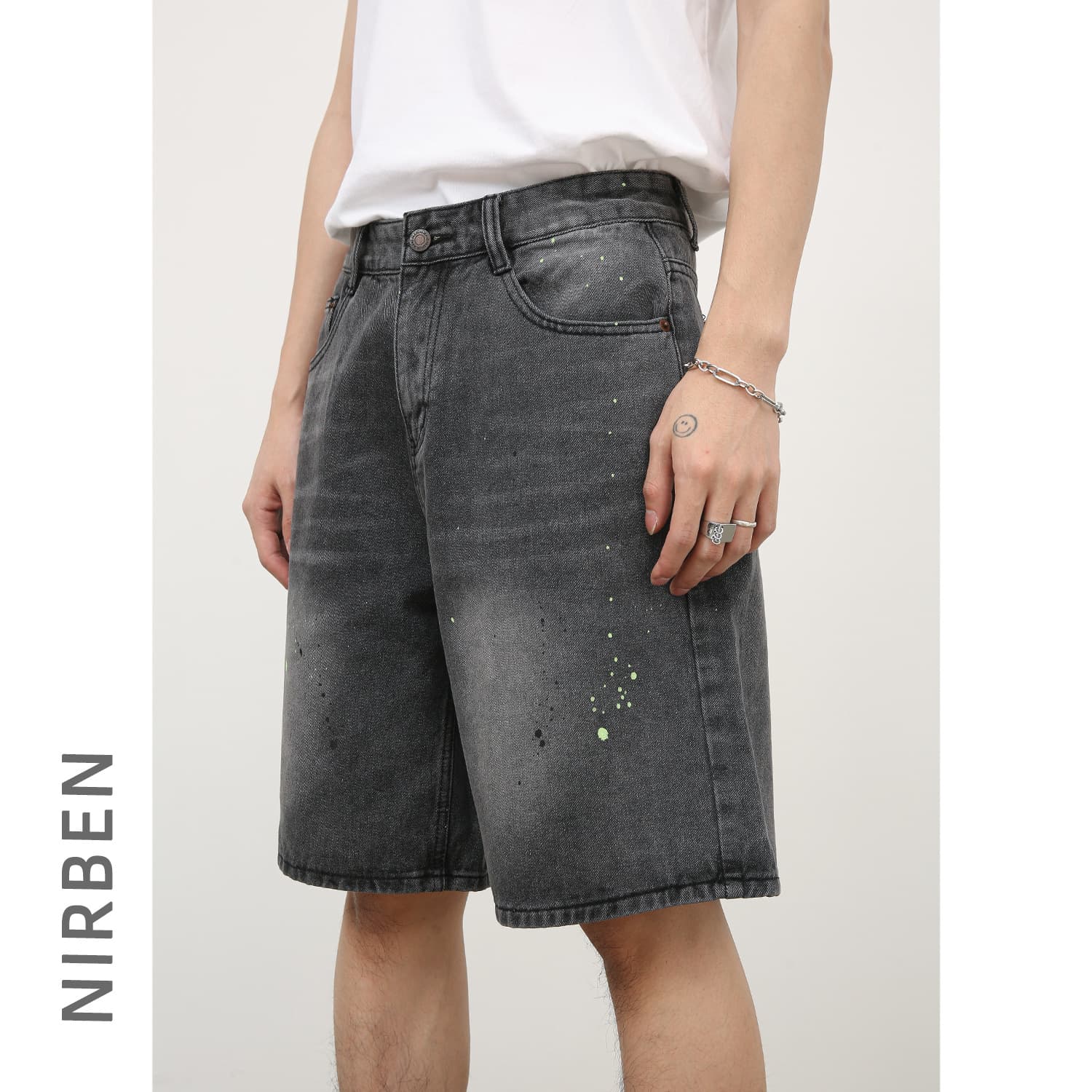 Nirben Denim | American Streetwear Splatter Paint Denim Shorts Men High Street Loose Straight Five-Point Mid-Length Shorts
