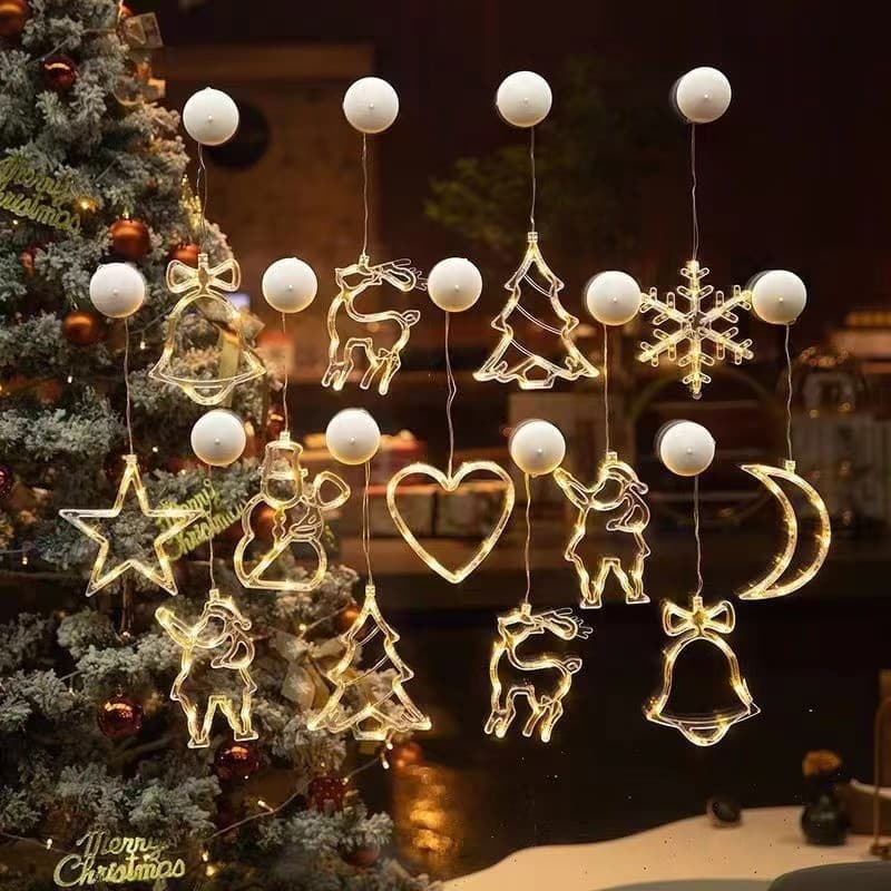 Cross-border LED Christmas Decoration Suction Cup Lights Snowman Christmas Tree Five-Pointed Star Curtain Battery Lights Festival Small String Lights