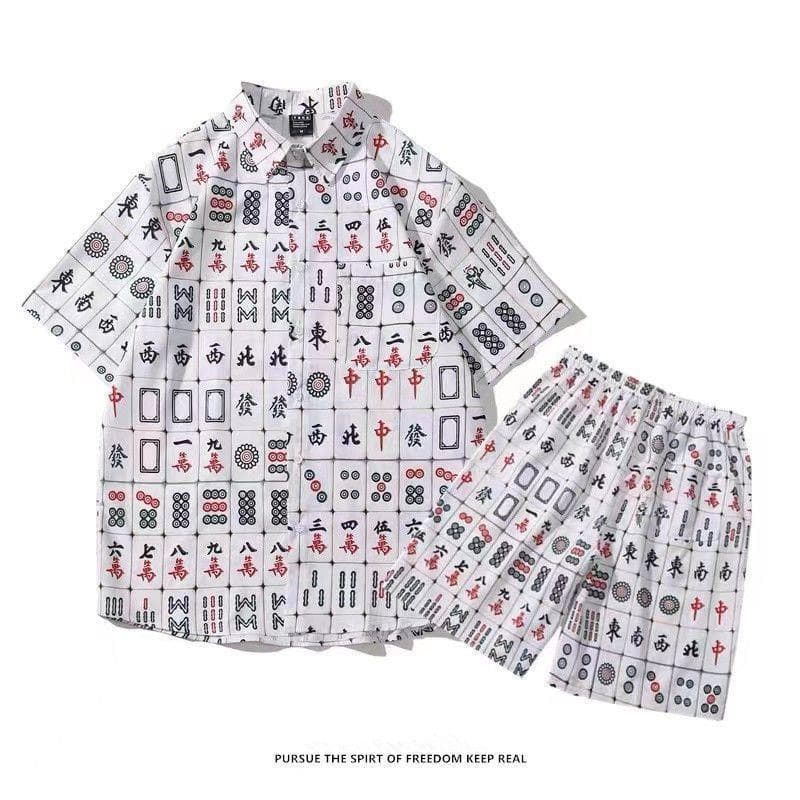 Summer Men's Short Sleeve Mahjong Print Shirt Set Casual Fun Streetwear Trendy Brand Two-Piece Set Korean Style Loose Fit