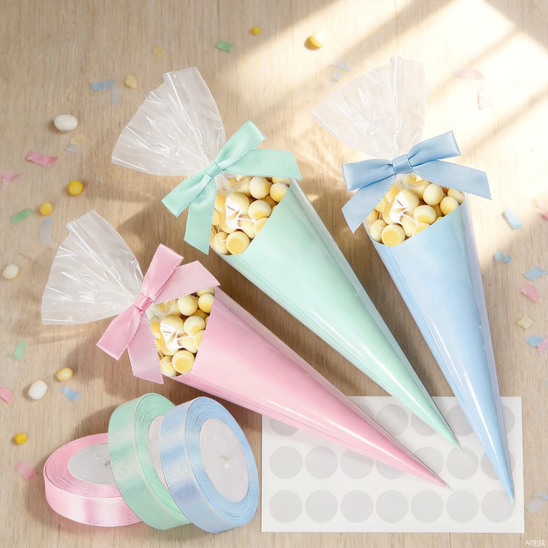 New Cross-Border Macaron OPP Triangle Bag Candy Popcorn Transparent Packaging Bag Cone Bow Gift Bag