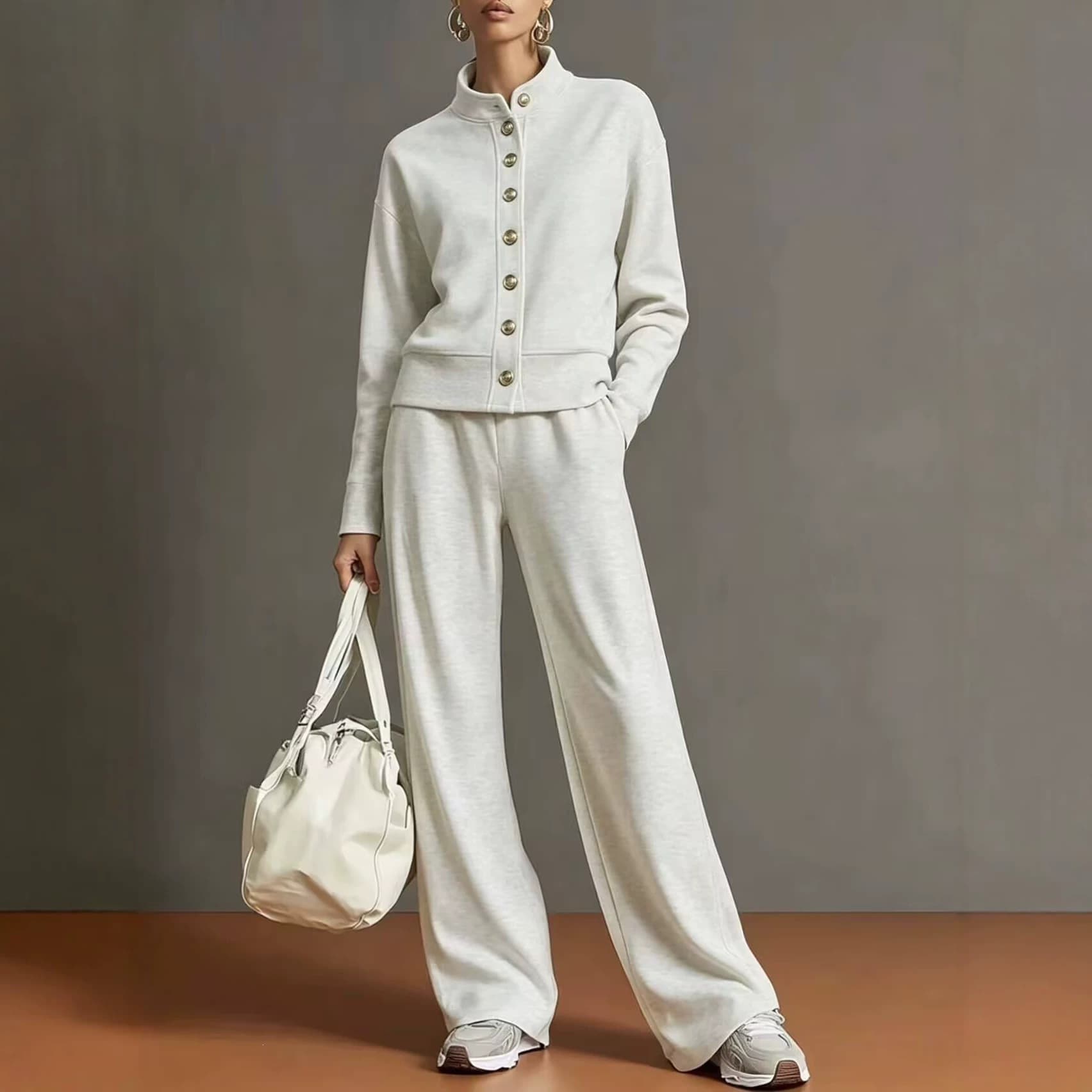2026 New Cross-border European and American Women's Fashion Solid Color Stand Collar Cardigan Sweatshirt Wide-Leg Pants Set Independent Site Bestseller