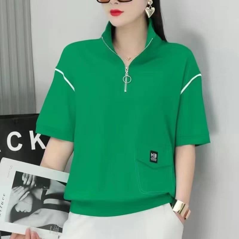 European Style 2025 Summer Loose High Neck Half Zip Stand Collar Design Sense Niche Thin Sweatshirt Short Sleeve T-Shirt Women's Top