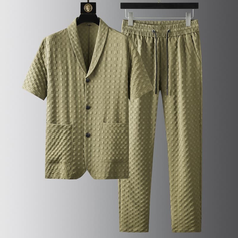 High-end Quality Summer Short-sleeved Suit Casual Suit Men's Fashion Plaid Jacquard Stretch Two-piece Handsome Suit