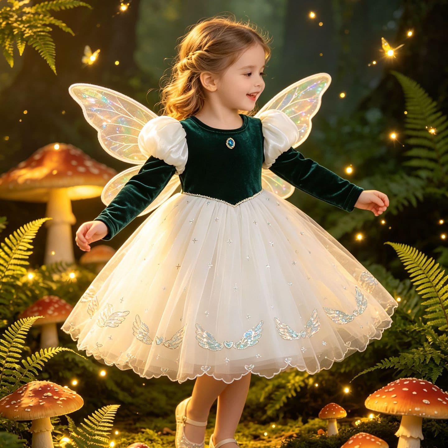 Cross-border girls autumn and winter dark green long-sleeved puff sleeve party dress cute princess gem dress princess dress