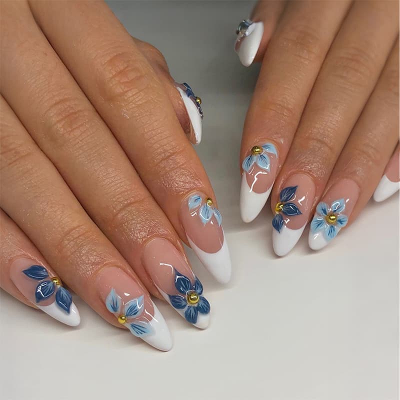 24-Piece Women's Elegant Skin-Brightening French 3D Flower Almond Medium-Long Dark Blue Wearable Nail Tips Factory Finished Wholesale