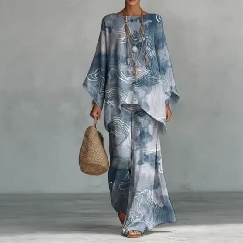Foreign trade Amazon 2026 new round neck bat sleeve printed suit bohemian irregular hem two-piece set