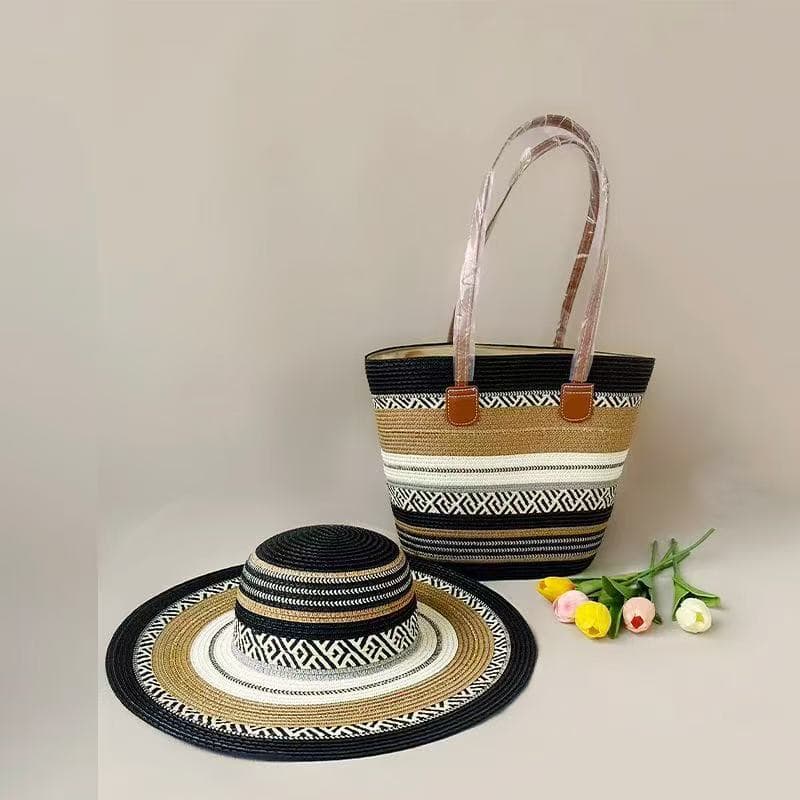 New Color-Blocked Handmade Bag for Women, Summer Beach Vacation, Seaside Travel Beach Bag, Cross-Border Popular Shoulder Straw Bag