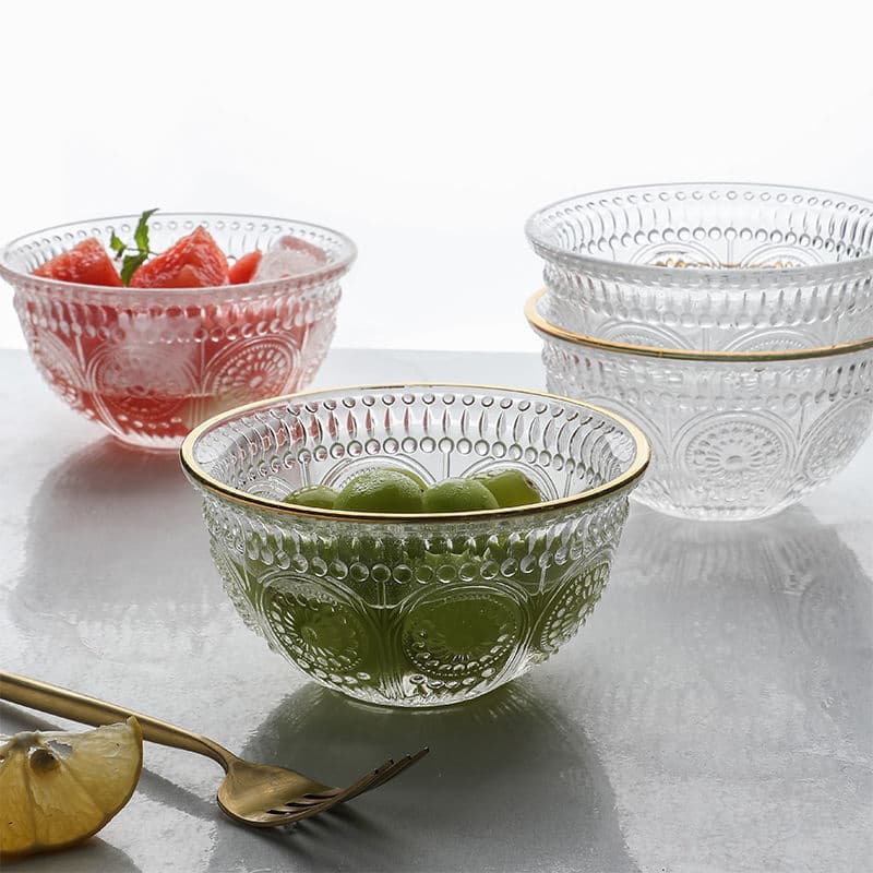 ins tableware glass bowl embossed sunflower tableware dessert bowl salad oatmeal breakfast gold rim transparent bowl