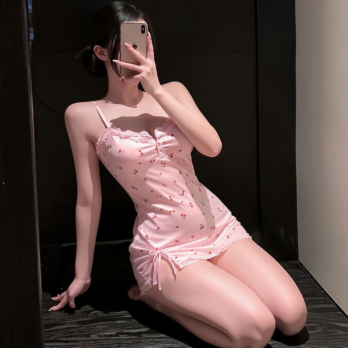 Flirty Lingerie Hollow Deep V Lace Chemise Women Floral Print Spaghetti Strap Short Dress Sexy Lingerie for Women