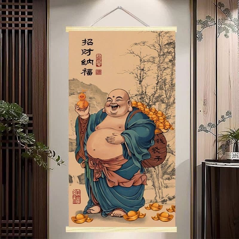 2026 New Maitreya Buddha Money Bag Scroll Painting New Chinese Style Hanging Decoration for Entrance, Living Room, Study, Office, Bringing Blessings K2