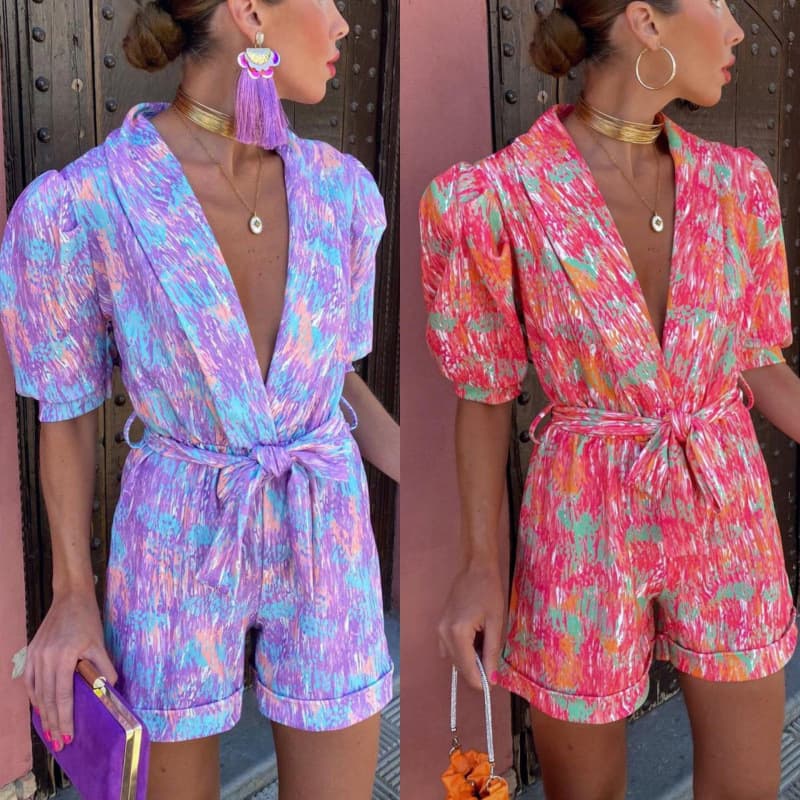 Cross-Border Dopamine Dressing Deep V-Neck Puff Short Sleeve Printed Elastic Waistband Pocket Shorts Jumpsuit for Women Summer