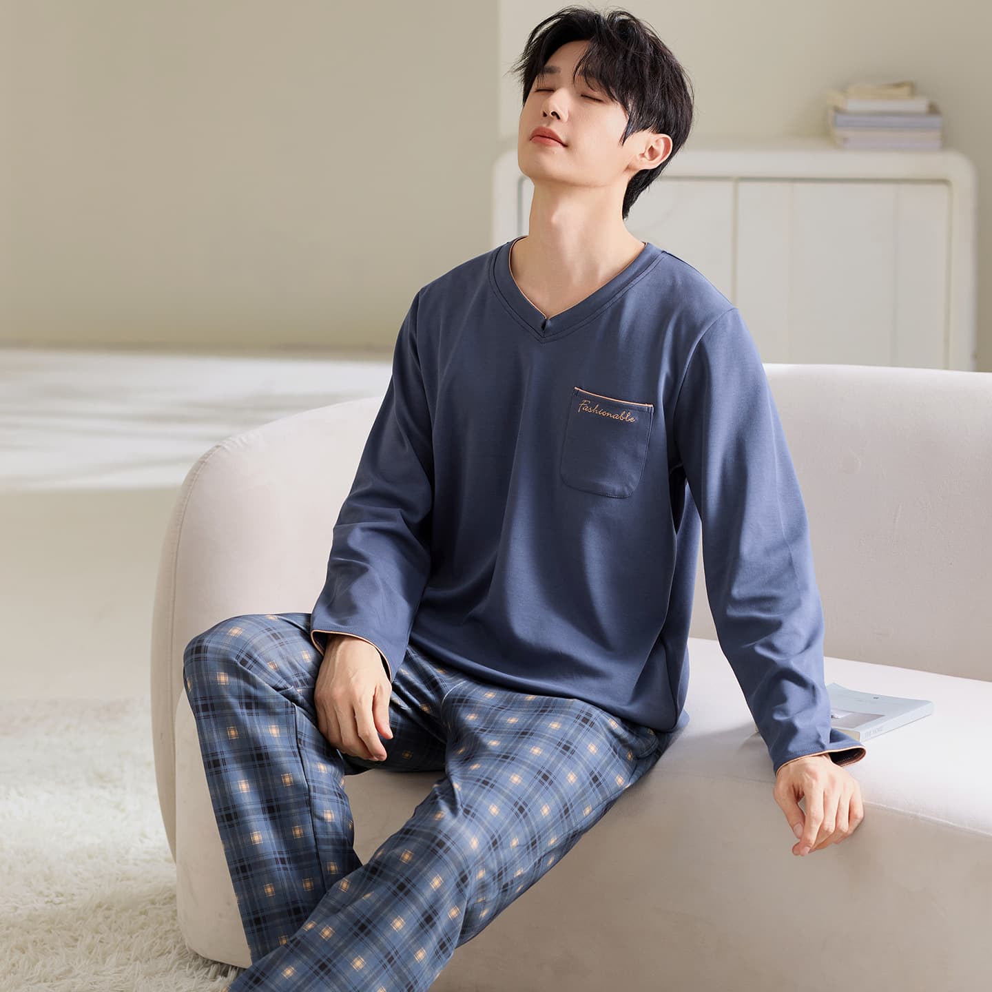 Spring New 100% Cotton Men's Round Neck Long Sleeve Long Pants Pajama Set Home Casual Wear