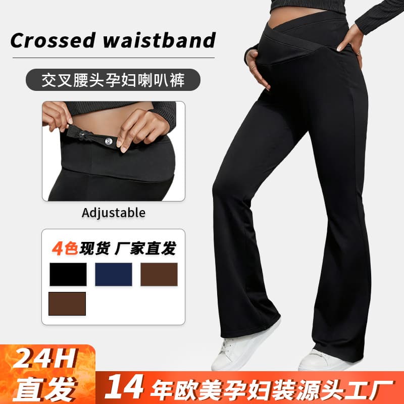 Autumn and winter maternity yoga pants with cross belly straps, high-waisted slim-fit bell-bottom pants, European and American pregnancy leggings for outer wear