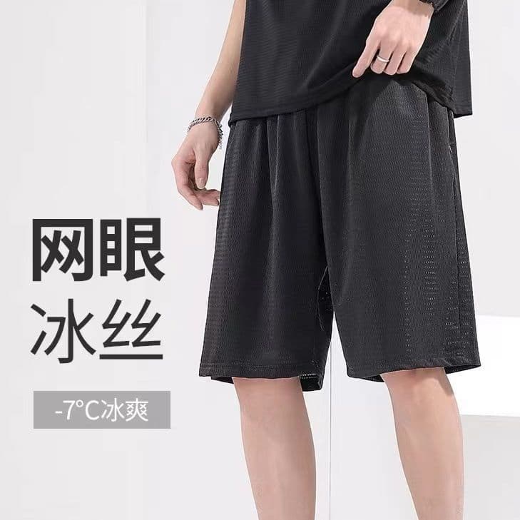 Summer Thin Ice Silk Mesh Five-Quarter Elastic Loose Plus Size Shorts Men's Sporty Fitness Beachwear Polyester Straight Leg Pants