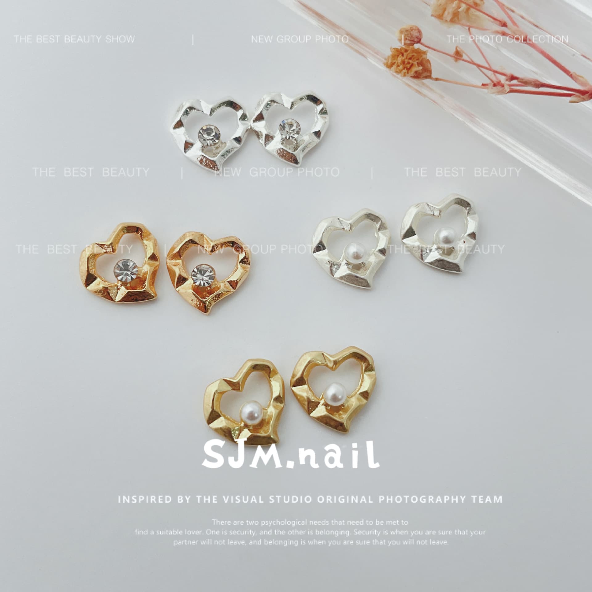 Japanese Style Nail Art 18K Gold Diamond Heart Jewelry Simple Alloy Yasilver Pearl Curved Nail DIY Decoration Wholesale