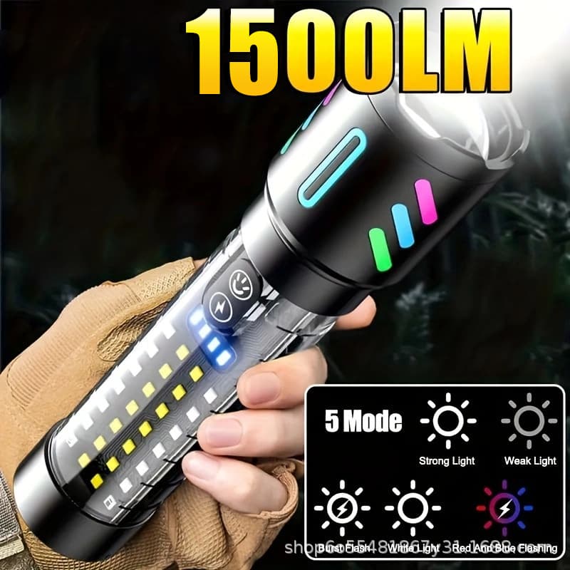 White Laser Flashlight with Built-In Battery, Rechargeable Fluorescent Strip, Red and Blue Flashing, Outdoor Search and Rescue, Hunting Equipment, Optical Zoom