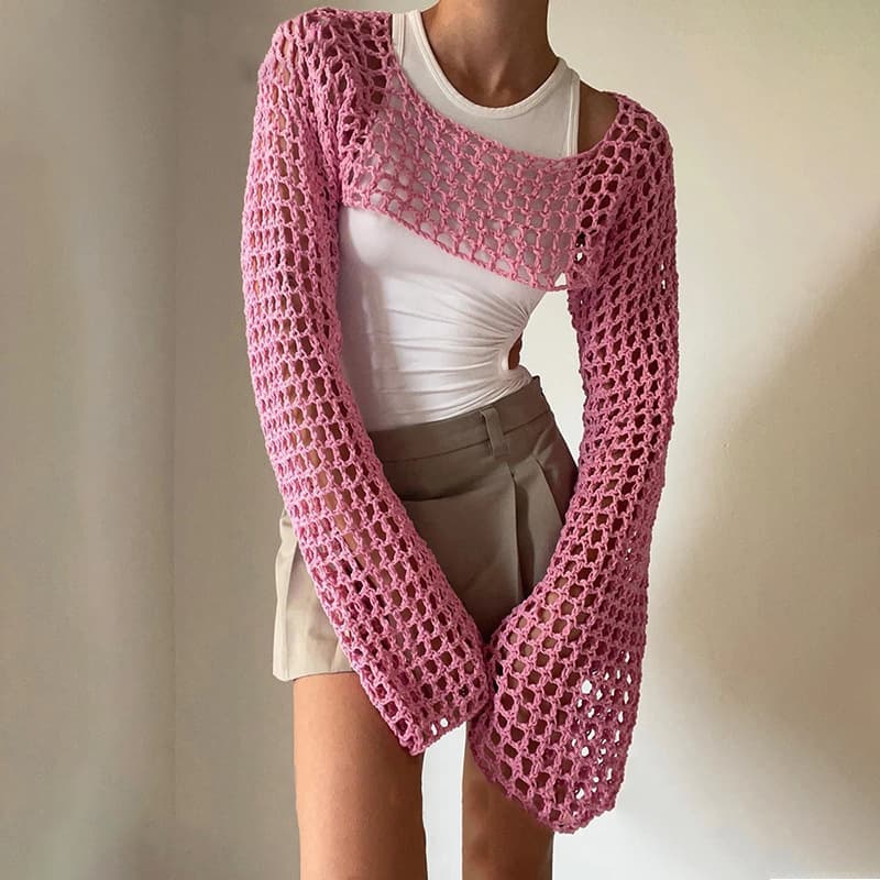 Cross-Border Women's New Summer Street Sexy Hollow Loose Knit Top Bell Sleeve Mesh Crop Top
