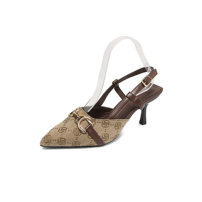 Pointed Metal Chain High Heel Sandals 2026 Summer New Style Thin Heel Printed Closed-Toe European and American Style Slippers