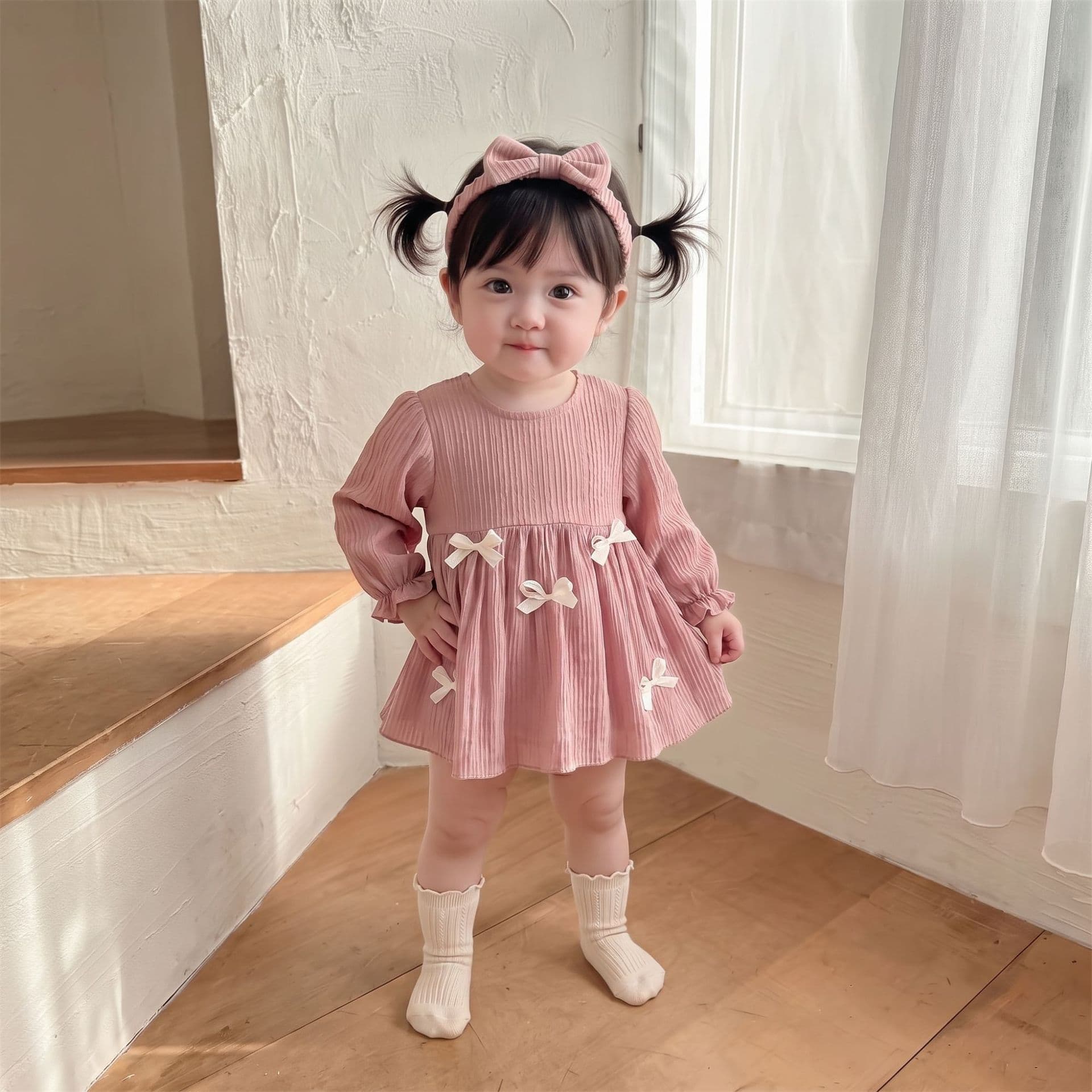 Children's autumn new pink bow dress baby girl sweet princess skirt bag one-year-old jumpsuit