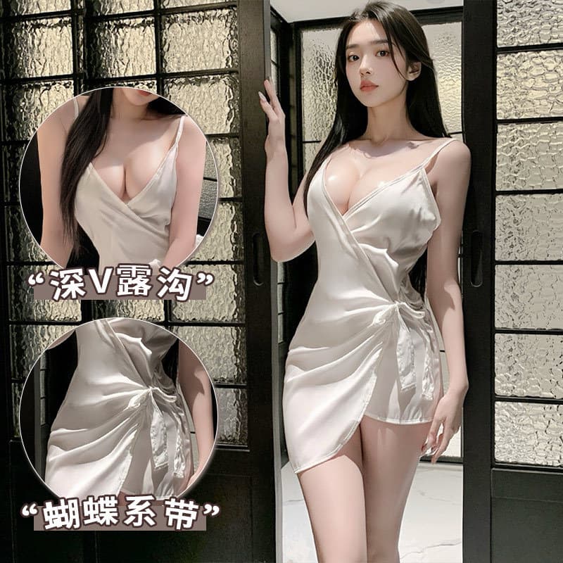Sexy lingerie, sexy pure desire, one piece suspender nightgown, deep V sexy home pajamas, pleated suspender nightgown for women