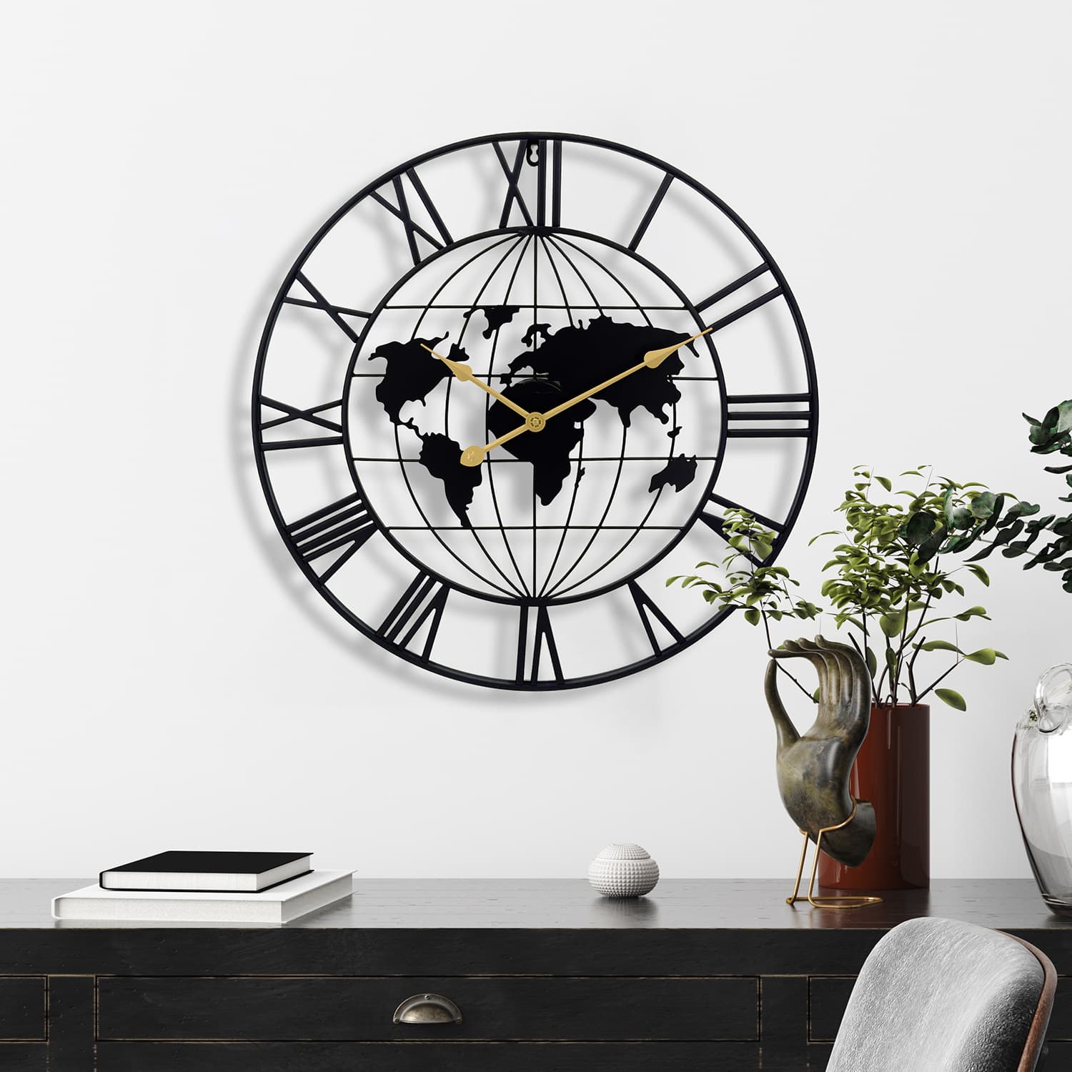 American Round Minimalist Creative Silent Wall Clock European Decorative Clock Home Retro Living Room Iron Art Map Hanging Clock