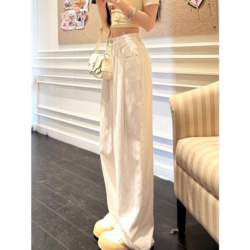 High-Waist White Wide-Leg Pleated Jeans for Women 2024 Fall/Winter Loose Fit Slimming Flowy Straight-Leg Pleated Floor-Length Pants