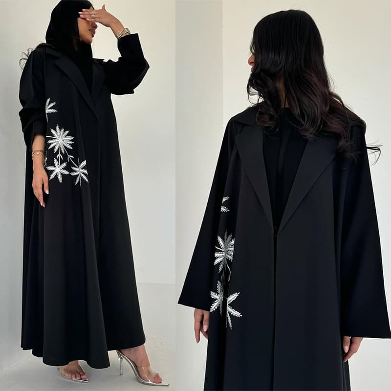 MQ196 Modest Autumn/Winter Cross-Border New Embroidery Embroidered Suit Collar Women's Long Dress Black Cardigan