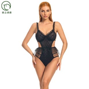 Cross-Border European and American Sexy Tight Pure Desire Hot Breathable Mesh Hollow One-Piece High-Cut Buttock-Revealing Sexy Lingerie for Women