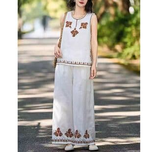 Vintage New Chinese Style Cotton Linen Sleeveless Vest for Women, Round Neck Embroidered Vest Loose Slimming Breathable Two-Piece Set Trendy