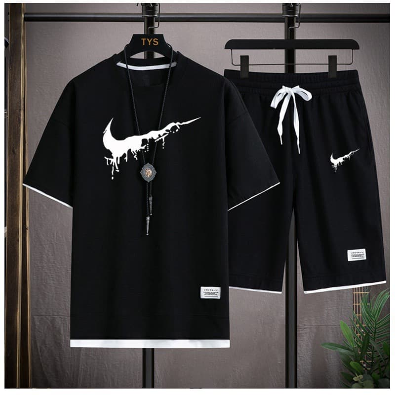 Handsome waffle short-sleeved T-shirt men's summer vacation two-piece trendy brand youth student casual sports men's suit