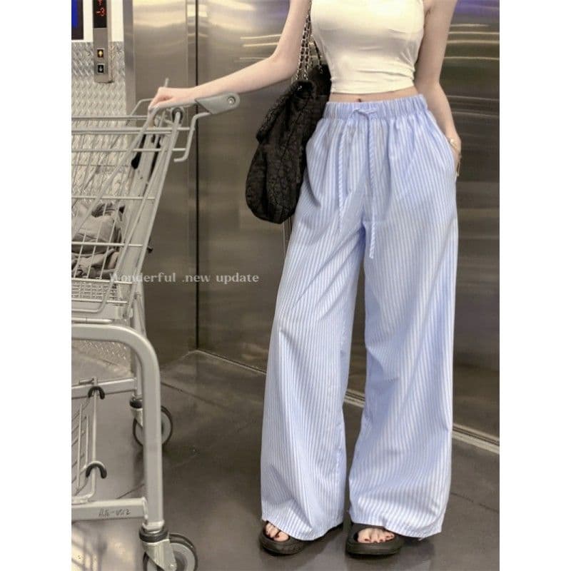 Blue Vertical Striped Loose Straight Leg Pants Women's Wide Leg Trousers Floor-Length Casual Autumn Long Pants
