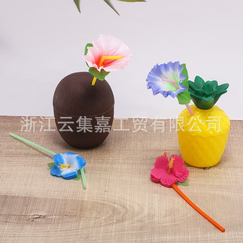 Amazon hot-seller Hawaiian party decoration, 500ml coconut cup with straw and flower, pineapple cup, beverage cup