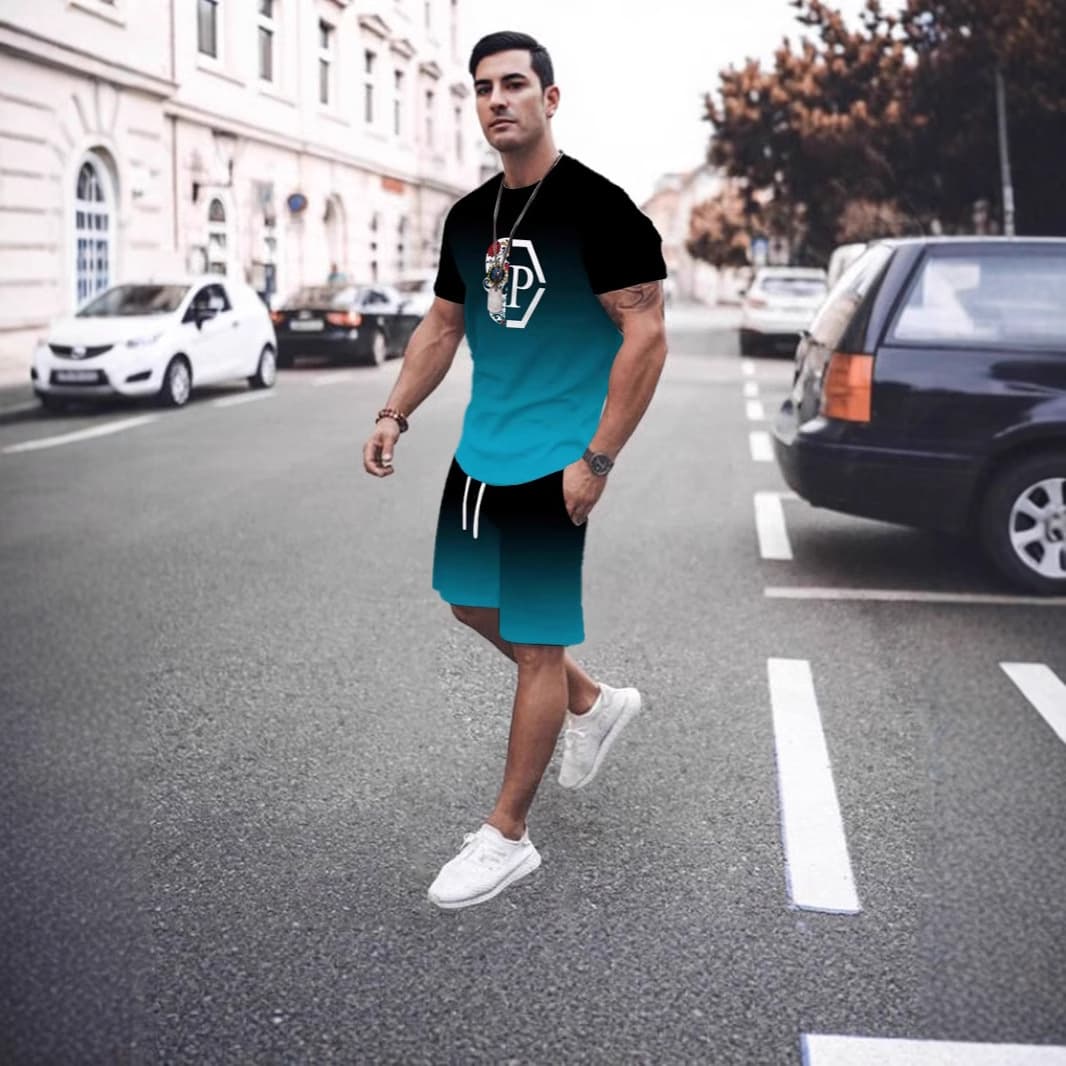 Hot-selling New Summer Funny Trendy Creative Short Sleeve T-Shirt and Shorts for Men, Factory Direct, Export to Europe and America