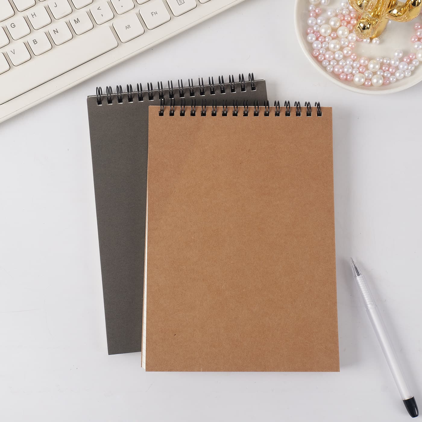 Flip-Up Kraft Paper Spiral Notebook for Students, Office, and Meetings, Vintage Style Notebook Wholesale, Customizable with Logo, Black Card Pocket Notebook