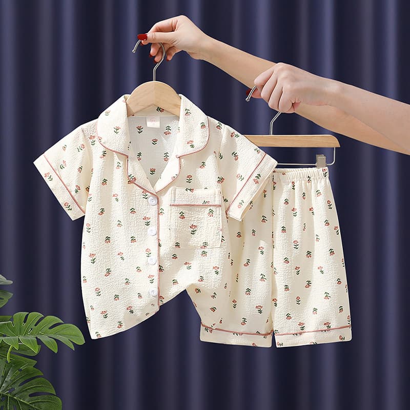 In Stock Factory Wholesale Crepe Fabric Summer Short-Sleeve Shorts Children's Pajamas Brand Cartoon Homewear Turn-Down Collar Bubble Cotton