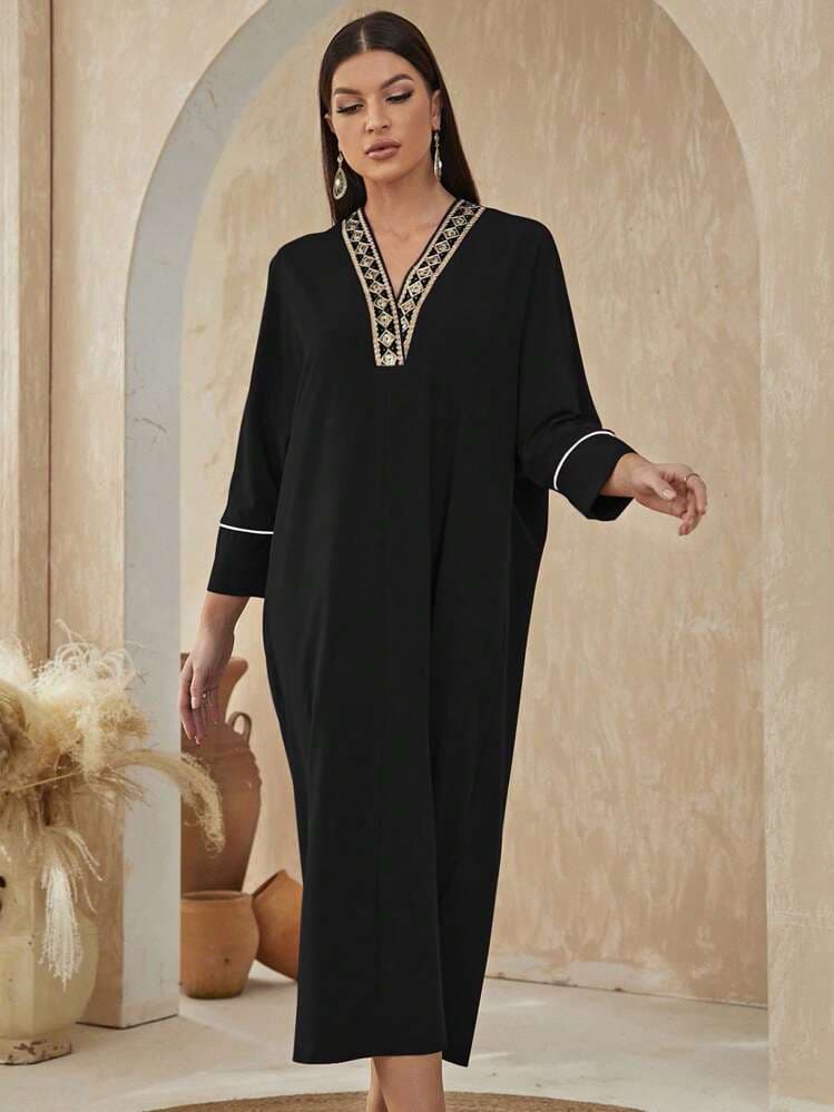 Al Najma Contrast Tape Batwing Sleeve Dress Maxi Women Outfit