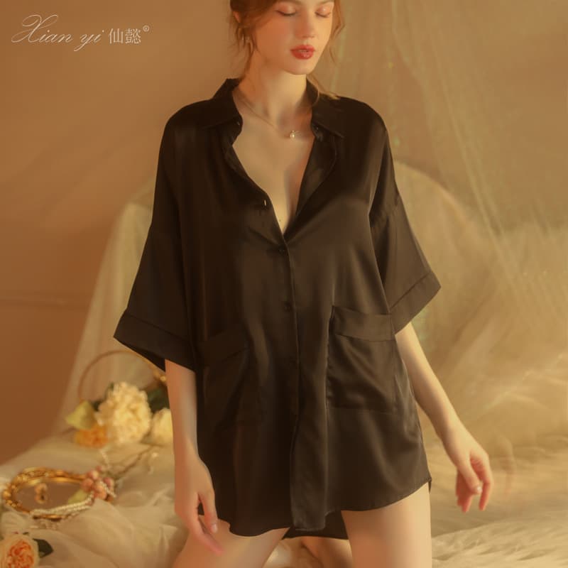 Xianyi Sexy Sleepwear for Women Summer Thin Pure Desire Private Room Boyfriend Style Short Sleeve Plus Size Ice Silk Nightgown 458